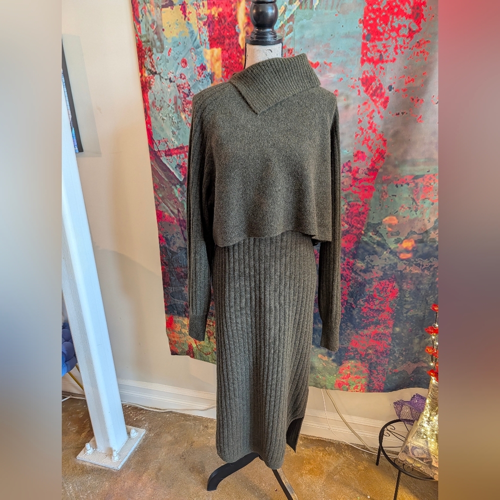 Green Allsaints Margetta 2-in-1 Ribbed Midi Dress (L) - Picture 4 of 12